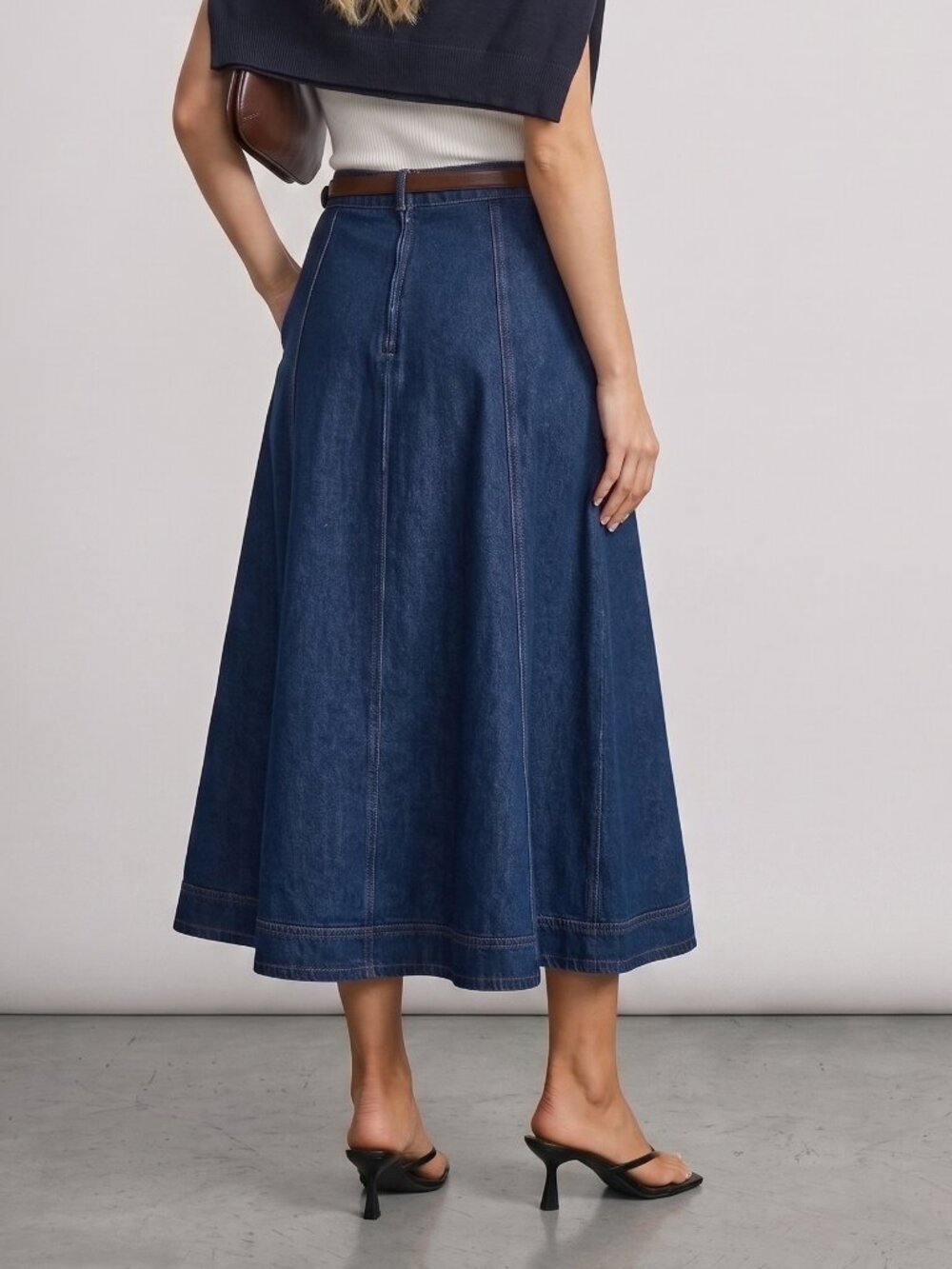 Women's Dark Blue Denim A-Line Maxi Skirt High Waist Jean Skirt With Pockets - Picture 2 of 2